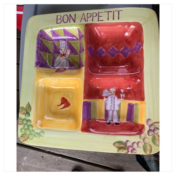 4 divider Casa Elite Ceramic divided dish/ chip-dip platter/ appetizer tray. - Picture 2 of 4